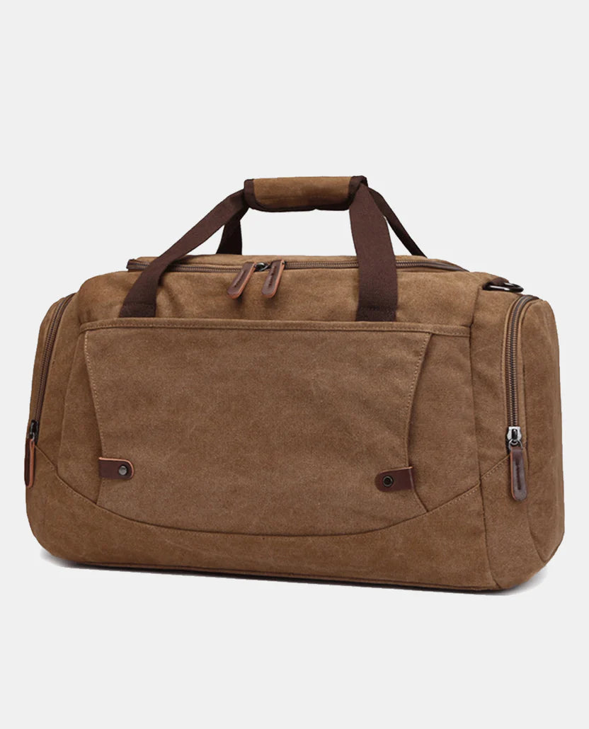 Water-resistant canvas travel bag—large weekend bag with leather trim