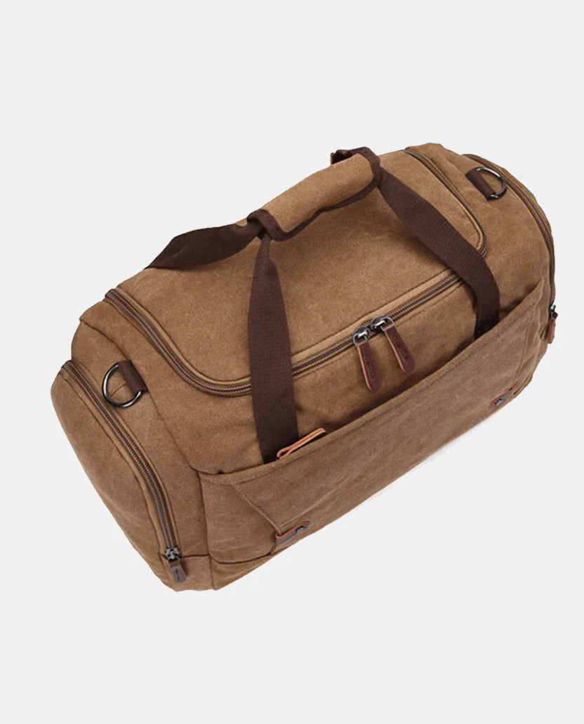 Water-resistant canvas travel bag—large weekend bag with leather trim