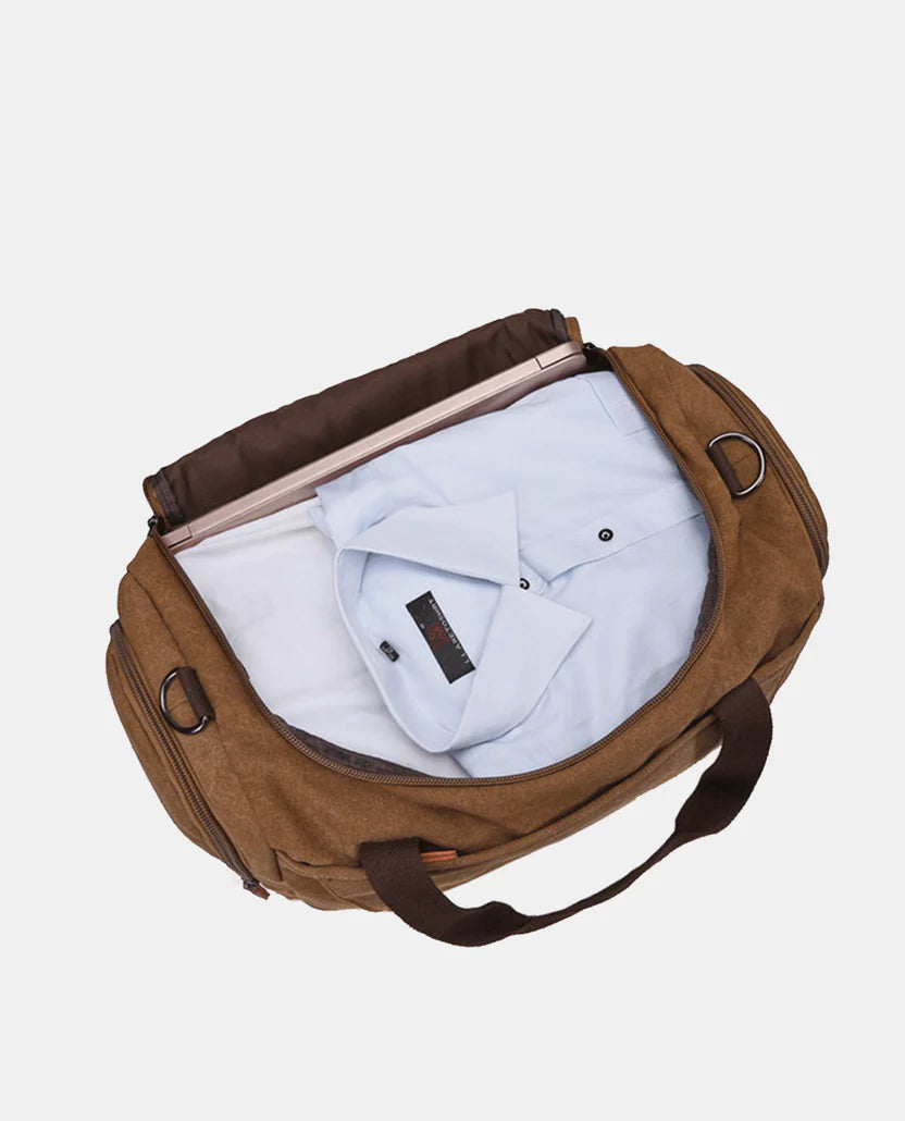 Water-resistant canvas travel bag—large weekend bag with leather trim